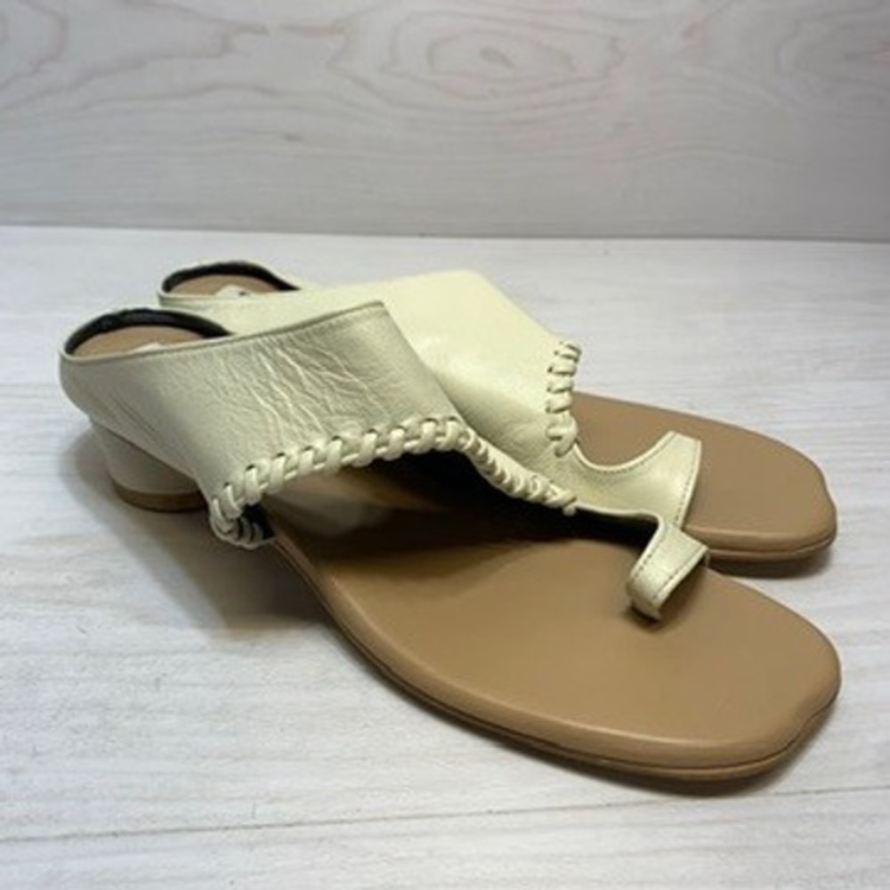 Reike‎ Nen Womens 39 Sandals Toe Ring Whipstitch Cream Leather Block Heel Mules